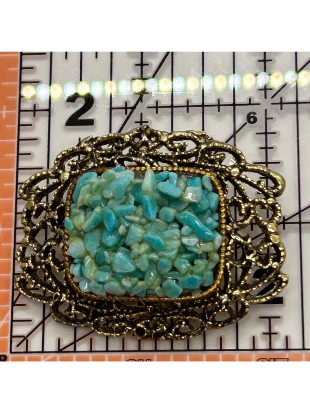 Vintage Filigree Brooch Turquoise Colored Nugget Chips Gold-Tone Textured Pin